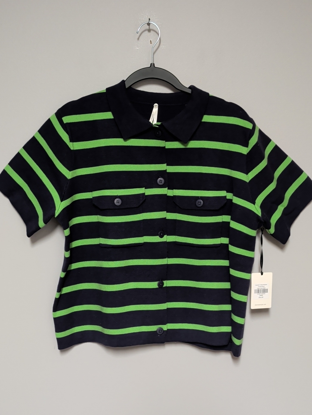 DownEast Black and Bright Green Striped Short-Sleeve Button Blouse